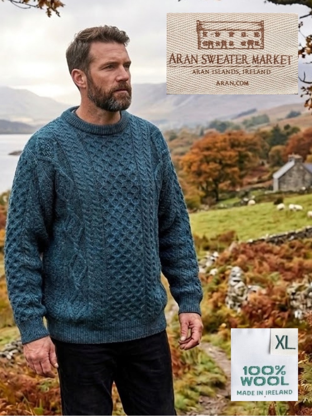 ARAN SWEATER MARKET Men's XL Heavy 100% Wool Cable Knit Fisherman Sweater Blue